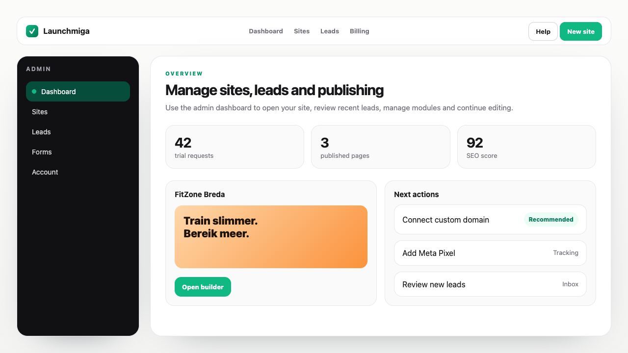 Launchmiga admin dashboard met sites, leads, accountacties en volgende stappen