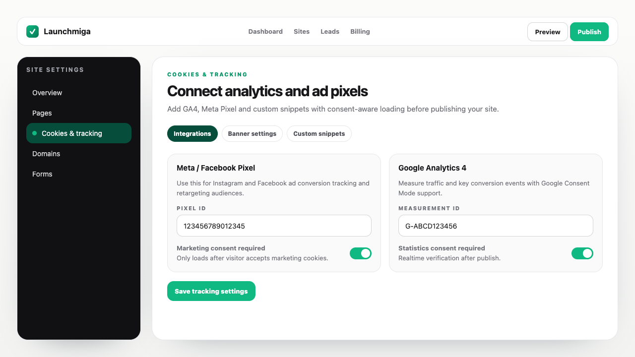 Launchmiga Cookies en tracking instellingen met Meta Pixel en Google Analytics velden