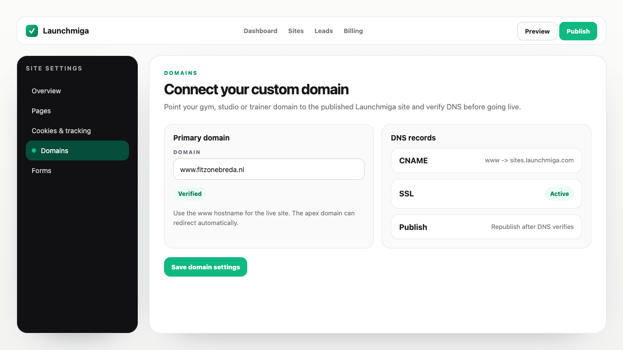 Launchmiga domeininstellingen met primair domein, DNS-records en SSL-status