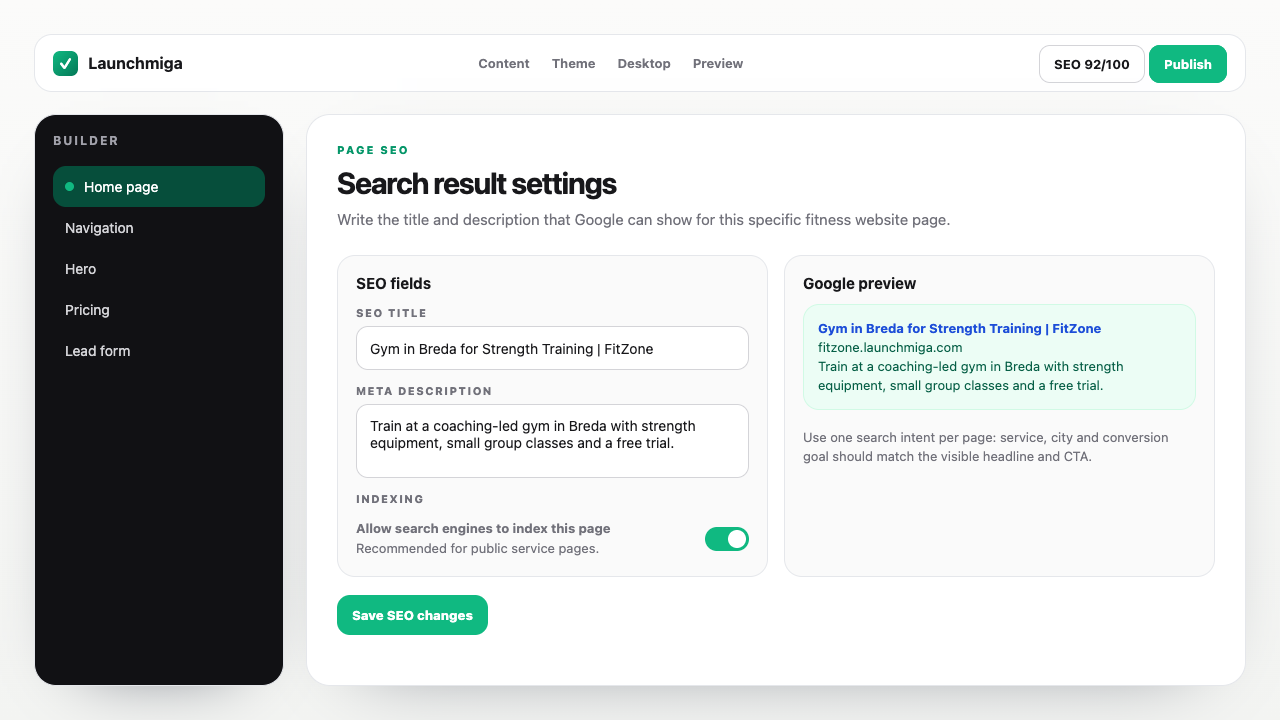 Launchmiga builder Pagina-SEO paneel met SEO title, meta description en Google-preview