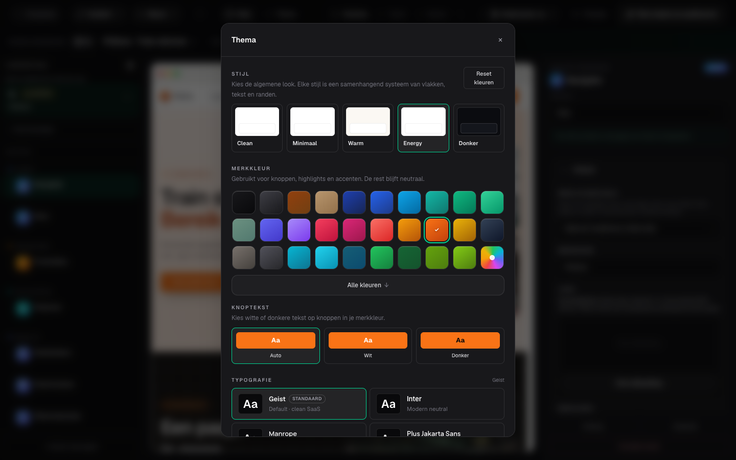 Launchmiga Thema-paneel met kleuren, typografie en favicon-instellingen