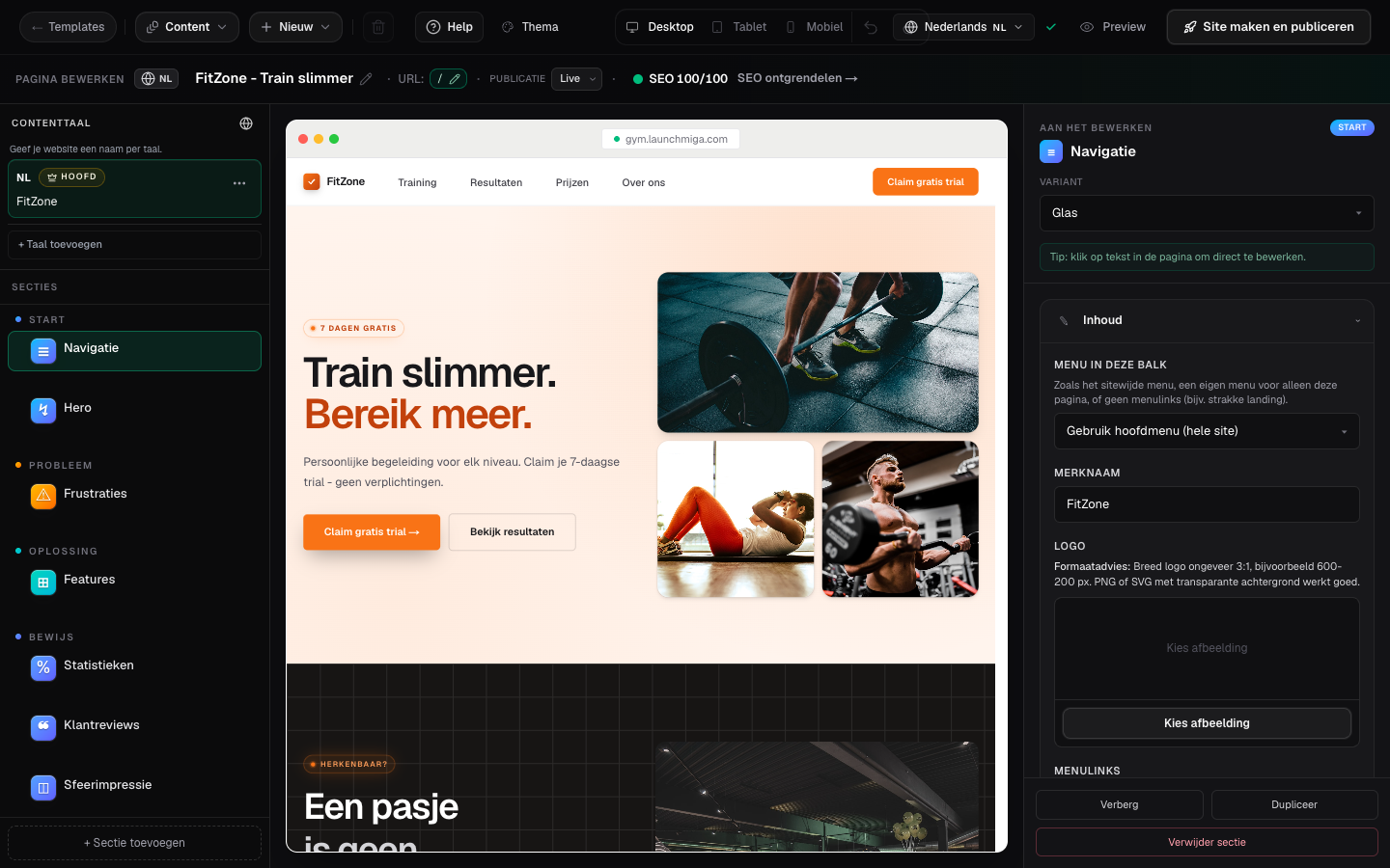 Launchmiga builder workspace met sectielijst, live canvas en bewerkingspaneel
