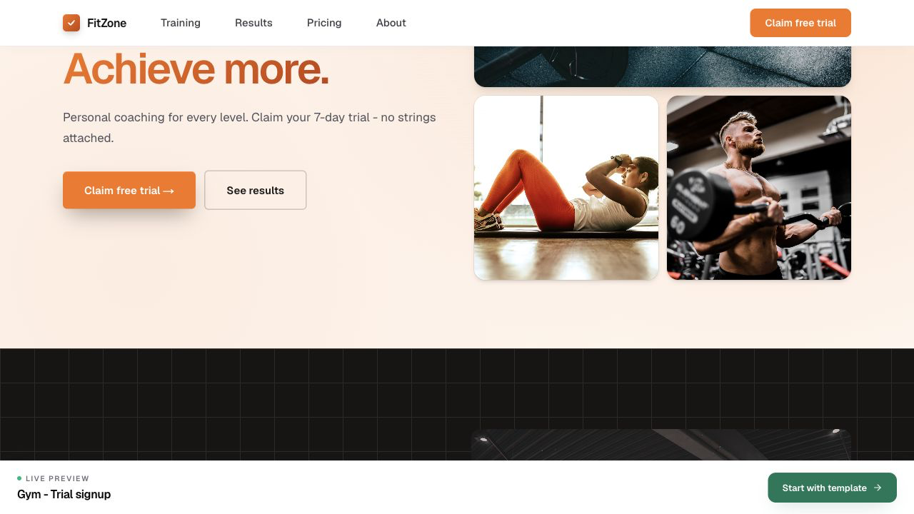 Launchmiga live preview die toont hoe secties verschijnen op een echte fitnesswebsite