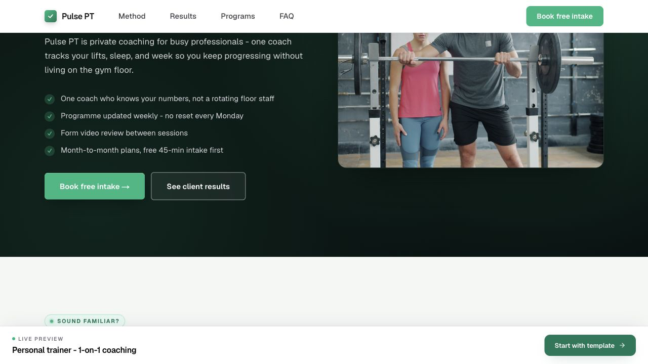 Launchmiga personal trainer live preview met coachingaanbod en CTA