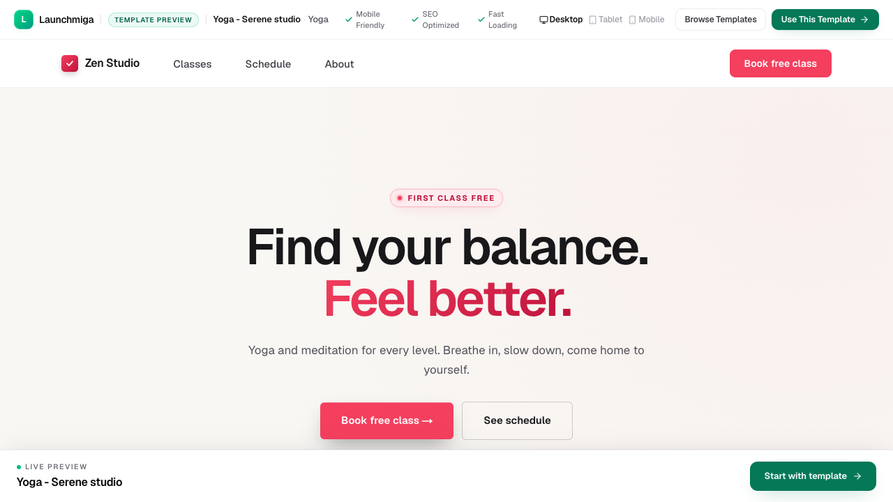 Launchmiga yogastudio-template live preview met rustige hero-afbeelding en les-CTA